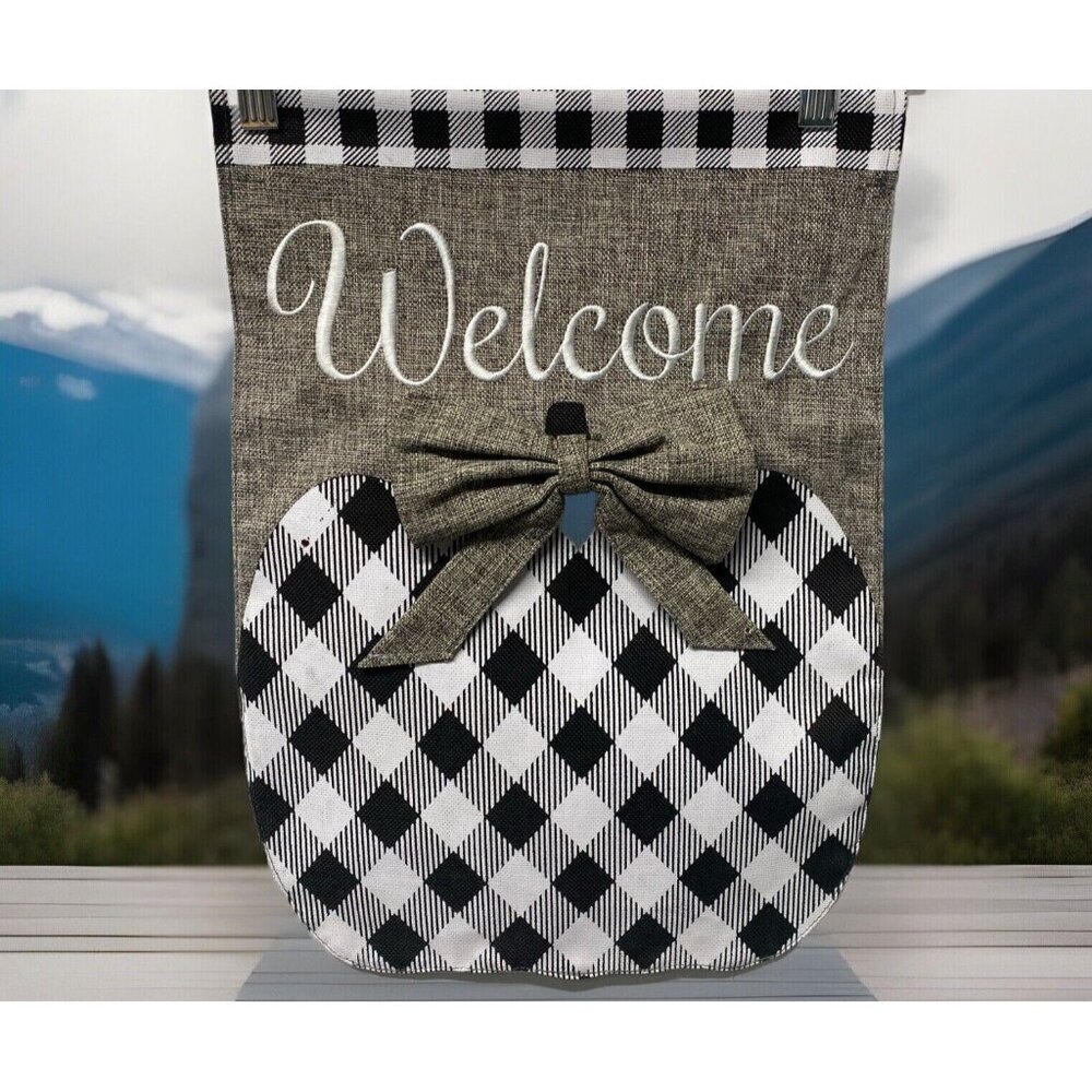 Pumpkin Burlap Fall Flag Autumn Welcome Sign Checkered Double Side Black White
